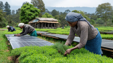A sustainable spice farm with workers harvesting saffron, using organic methods and solar dryers, ethical farming, sustainable, renewable energy, organic agriculture, eco-friendly.