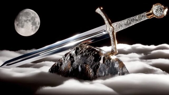 A close-up of an ancient sword stuck into a stone. The glowing disk of the moon is visible in the background. Ideal for projects on the themes of magic, fairy tales, fantasy, adventure.