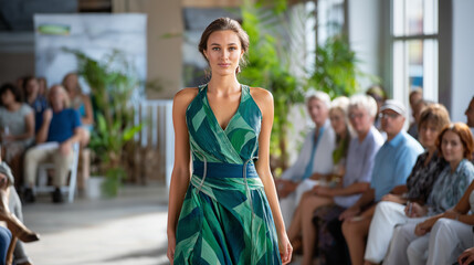 A zero-waste fashion show with models wearing upcycled clothing on an eco-friendly runway, zero-waste, sustainable, eco-friendly, ethical fashion, green design.