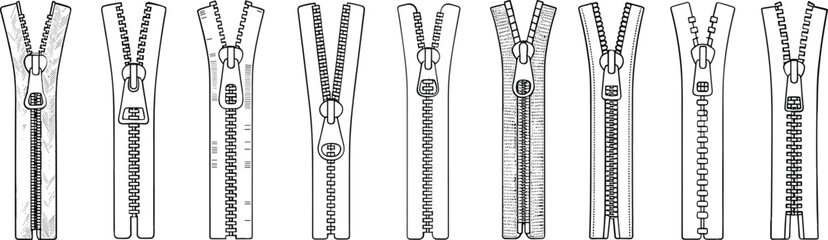 Hand-Drawn Zipper Technical Illustrations Set, Front View of Different Zipper Teeth and Puller Designs with Tape Details for Fashion and Garment Design