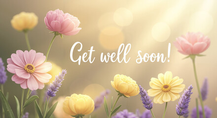Colorful flowers in soft light with "Get well soon" message  