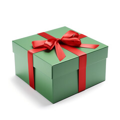 Obraz premium Elegant green gift box adorned with a vibrant red satin ribbon and bow, perfect for celebrations, holidays, and special occasions, conveying joy and anticipation of a wonderful surprise.