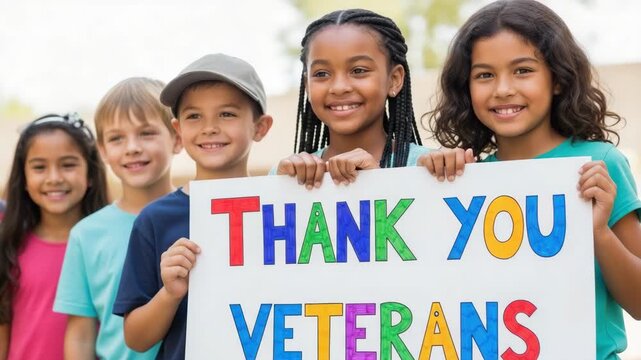 Thank you veterans, happy children holding thank you veterans sign outdoors. Celebrating thank you veterans day with mixed ethnic group of happy children, expressing appreciation.