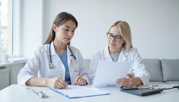 Two female doctors reviewing patient documents in modern clinic  