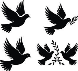 Flying dove silhouette, peace bird vector, olive branch symbol, religious dove icon, black and white graphic, spiritual hope element illustration
