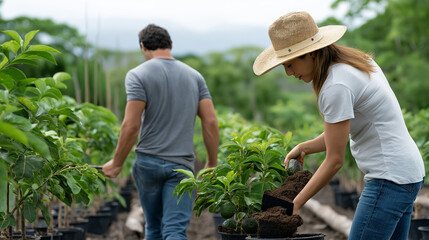 A sustainable avocado farm with workers harvesting fruit, using organic compost and solar irrigation, ethical farming, sustainable, renewable energy, organic agriculture, eco-frien