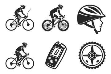Cycling icons featuring cyclists gear and equipment