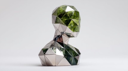 A highly polished, geometric sculpture of a human head dominates the foreground. The sculpture is constructed from reflective metal, primarily silver and green, creating a faceted,