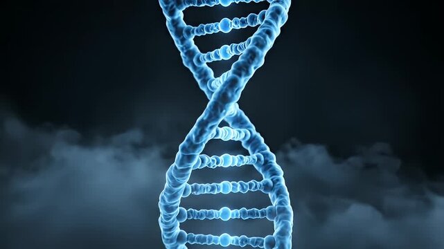 Glowing Blue DNA Double Helix Structure Rotates Slowly on a Dark Smoky Abstract Background, Genetics - Powered by Adobe
