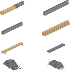 Isometric vector illustration of steel and wooden construction materials, concrete gravel piles, beams, and brackets used in building and structural engineering projects