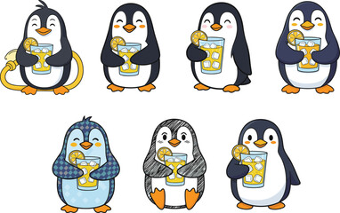 Cute cartoon penguins drinking lemonade with ice cubes and lemon slices in summer party scene, playful vector illustration for children’s designs