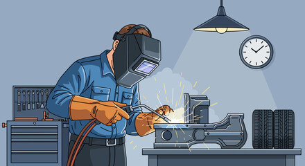 Mechanic welding with mask in garage workshop