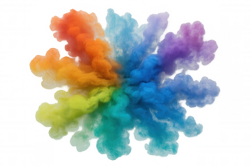 Vibrant multicolored smoke cloud bursting dynamically, generating colorful vaporous pattern against transparent backdrop