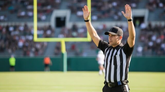 Football referee signaling touchdown with raised hands on field, signaling touchdown. Football referee demonstrates fair play and strict rules, judging game at stadium.
