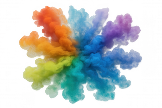 Vibrant multicolored smoke cloud bursting dynamically, generating colorful vaporous pattern against transparent backdrop