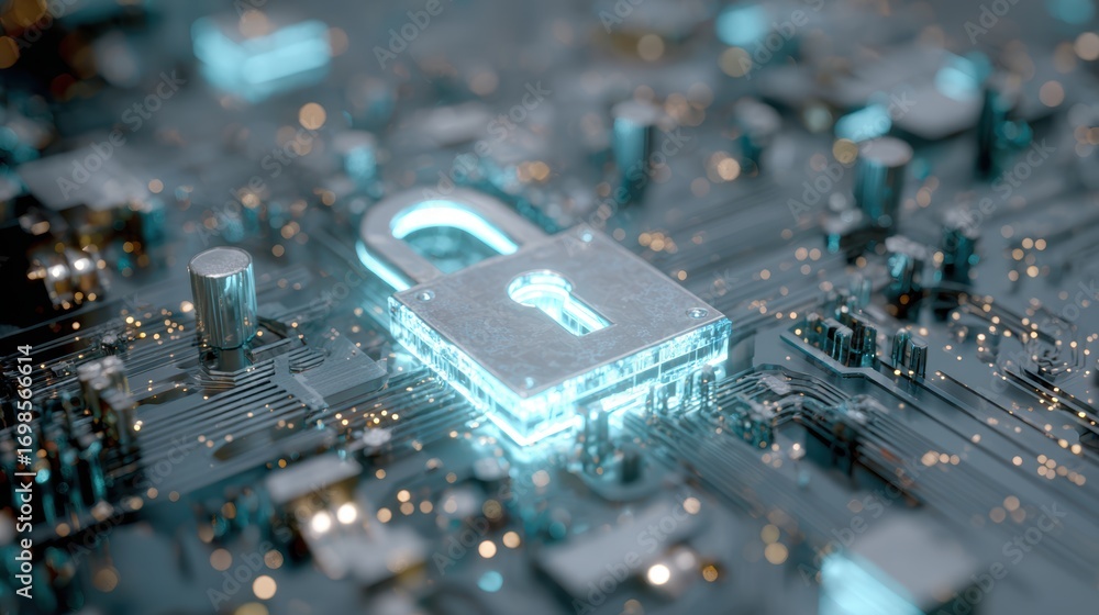 Poster cyber security: a glowing padlock dominates the core of a digital circuit board, signifying a secure