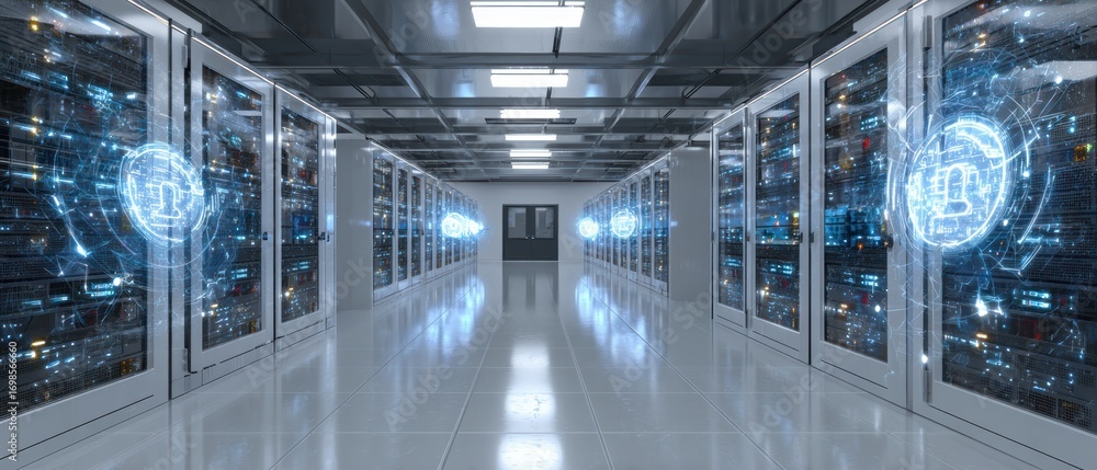 Poster digital fortress: a modern server room, bathed in cool light, showcasing rows of data servers that h