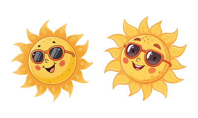 Cute Cartoon Sun with Sunglasses Smiling Sunny Characters Illustration