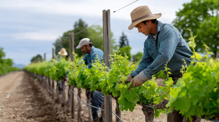 A sustainable vineyard with workers pruning grapevines, using organic methods and solar power, ethical farming, sustainable, renewable energy, organic agriculture, eco-friendly.