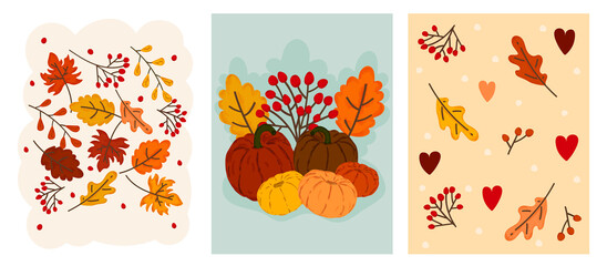 Autumn Backgrounds Set with Leaves and Pumpkins, Watercolor, Pumpkin Season, Autumn Poster, Welcome Autumn