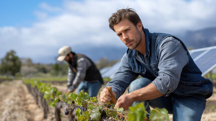 A sustainable vineyard with workers pruning grapevines, using organic methods and solar power, ethical farming, sustainable, renewable energy, organic agriculture, eco-friendly.