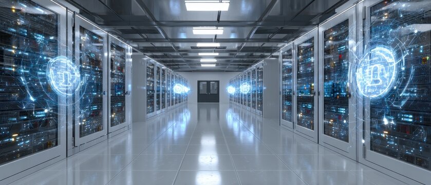 Digital Fortress: A modern server room, bathed in cool light, showcasing rows of data servers that hum with the pulse of the digital age.