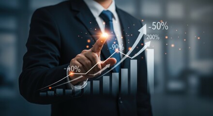 Business growth and financial success depicted by a businessman interacting with a rising financial graph