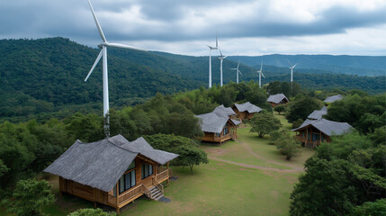 A wind-powered eco-lodge in a forest, with cabins lit by clean energy and surrounded by wildlife, renewable energy, sustainable, wind power, eco-friendly, green tourism.