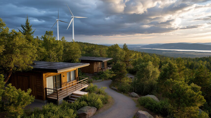 A wind-powered eco-lodge in a forest, with cabins lit by clean energy and surrounded by wildlife, renewable energy, sustainable, wind power, eco-friendly, green tourism.