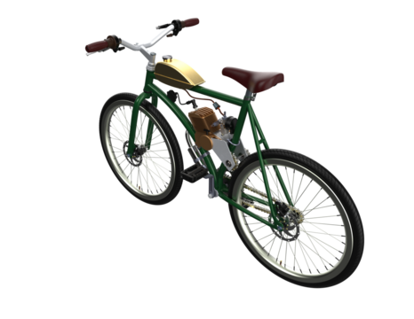 Motorized Push Bike with 2-Stroke Petrol Engine Kit, combining bicycle agility and motor power for custom transport projects. Isolated on Transparent HD Background, perfect for DIY urban commute.