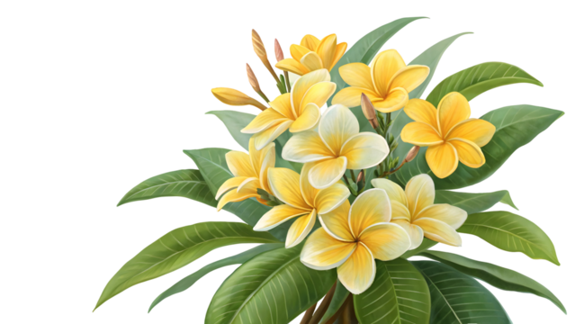 Digital Painting of a Lush Bouquet of Yellow and White Plumeria Flowers with Green Leaves isolated on a transparent background