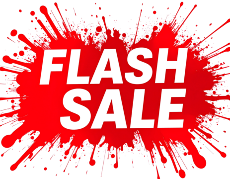 Horizontal Flash Sale Banner with Splash-Ink Style Red Background and Dynamic Typography, Transparent Background