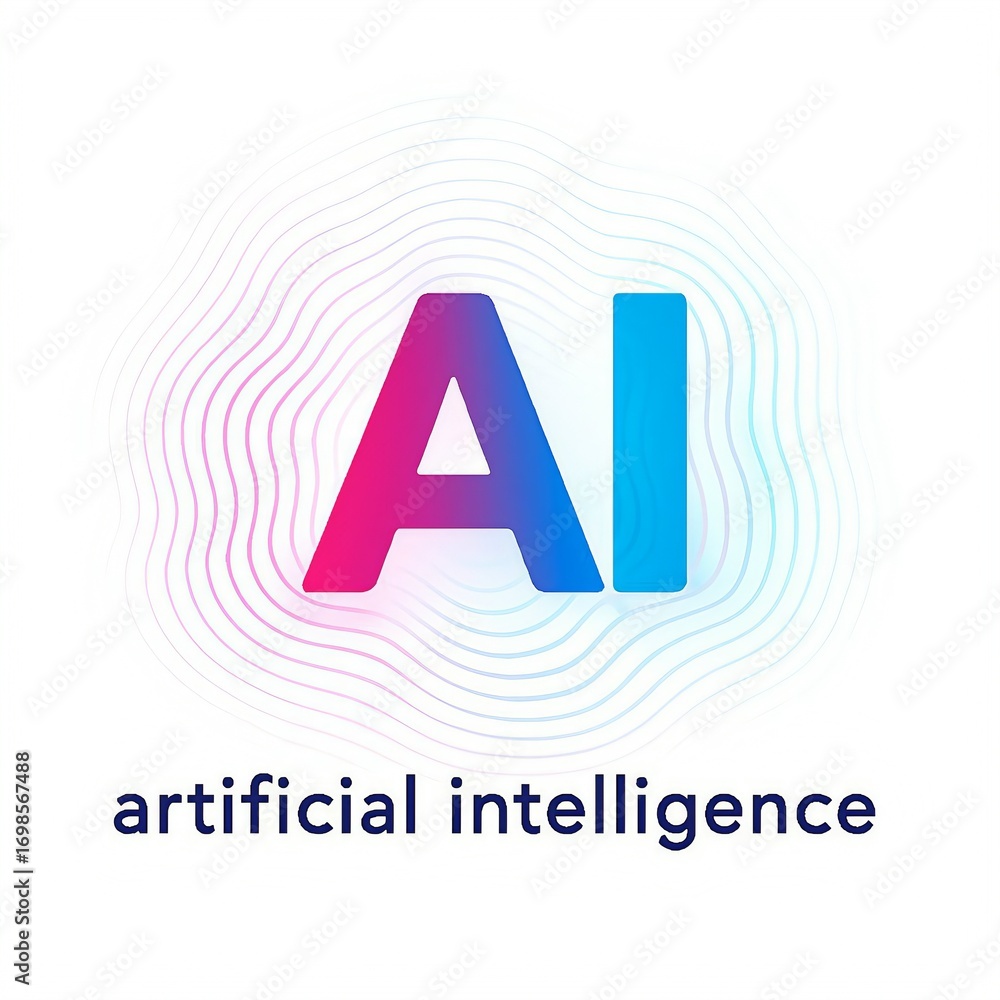 Poster modern ai logo with colorful gradient letters and abstract wave background symbolizing artificial in