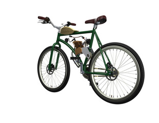 High-Definition Isolated 3D Illustration of a Classic Vintage Green Motorized Bicycle. Retro Power Assisted Cycle for Leisure Travel and Urban Commuting, High Angle Top View Perspective Rendering.