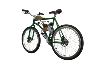 High-Definition Isolated 3D Illustration of a Classic Vintage Green Motorized Bicycle. Retro Power Assisted Cycle for Leisure Travel and Urban Commuting, High Angle Top View Perspective Rendering.