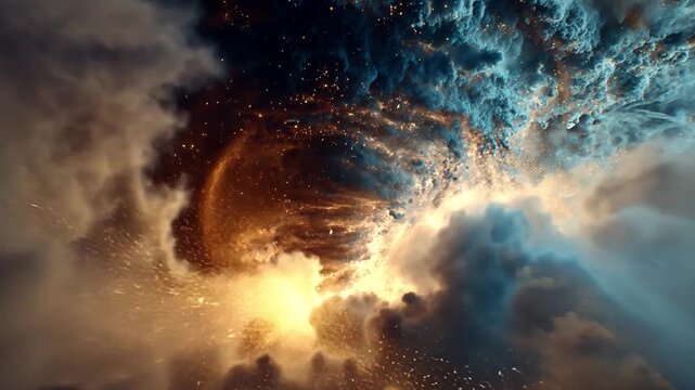 Cosmic Vortex of Celestial Dance: A captivating celestial event explodes into vibrant shades, where the golden hue of creation converges with the cool azure depths of the cosmos in a cosmic dance.
