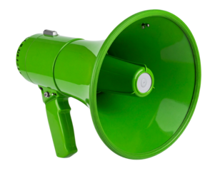 Tilted Green Megaphone with Sound Wave Icons, Modern Announcement Style, Transparent PNG