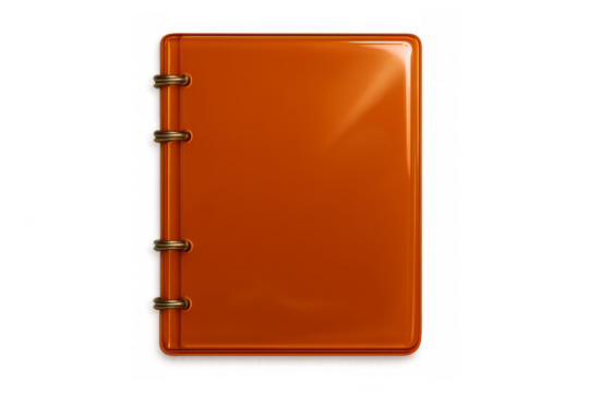 Glossy orange notebook with spiral binding on transparent background