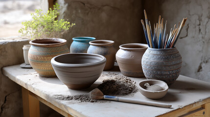 A zero-waste craft workshop with artisans making pottery from recycled clay, zero-waste, sustainable, eco-friendly, upcycled crafts, green creativity.