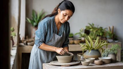 A zero-waste craft workshop with artisans making pottery from recycled clay, zero-waste, sustainable, eco-friendly, upcycled crafts, green creativity.