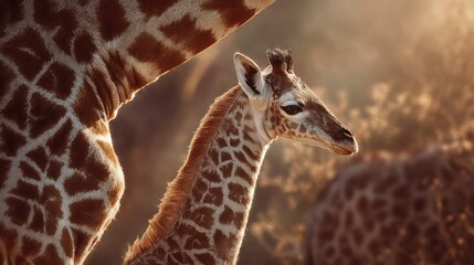 Obraz premium a tender moment in the wild, featuring two giraffes in a natural habitat. one adult giraffe stands tall, its long neck and distinctive spots clearly visible