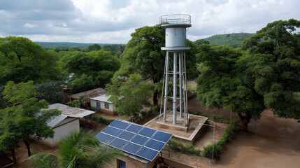 A solar-powered water tower in a rural village, providing clean water with renewable energy, renewable energy, sustainable, clean energy, water sustainability, eco-friendly.