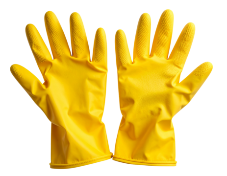 Pair of Yellow Rubber Gloves Laid Flat, Palm Side Up, Transparent Background