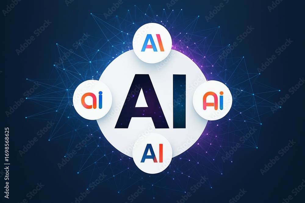 Poster artificial intelligence ai concept with interconnected nodes and glowing digital elements on a dark 