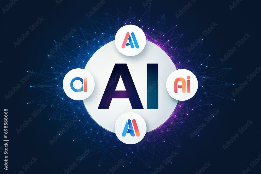 Poster abstract digital art representing artificial intelligence with glowing ai text and interconnected ci