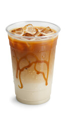 a transparent plastic cup filled with iced caramel latte, layered espresso with milk and caramel drizzle visible on the cup walls, with ice cubes and condensation