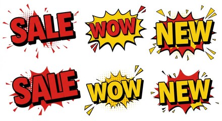 Bold Typography Stickers with Strong Comic Words Such as SALE, WOW, and NEW in Pop Art Style, Vector Lettering Isolated on White Background for Marketing,