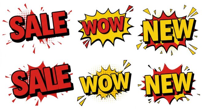 Bold Typography Stickers with Strong Comic Words Such as SALE, WOW, and NEW in Pop Art Style, Vector Lettering Isolated on White Background for Marketing, - Powered by Adobe