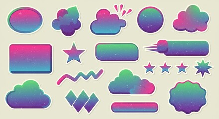 Retro Digital Stickers Collection Featuring Pixel Icons, Y2K Gradients, and Old-School Computer UI Windows Isolated on Transparent Background