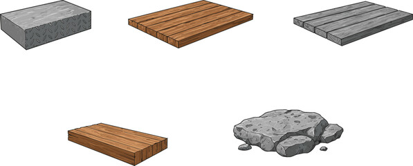 Vector Set of Floor and Platform Textures – Wood, Concrete, and Metal Surface Materials for Construction, Architecture, and Game Environment Design